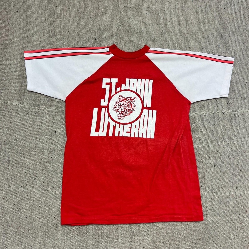 Vintage St John Lutheran Shirt Mens Medium Red 1970s Raglan USA